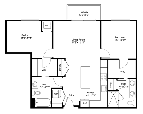 Floor plan for 2 beds, 2 baths, 1085 sqft